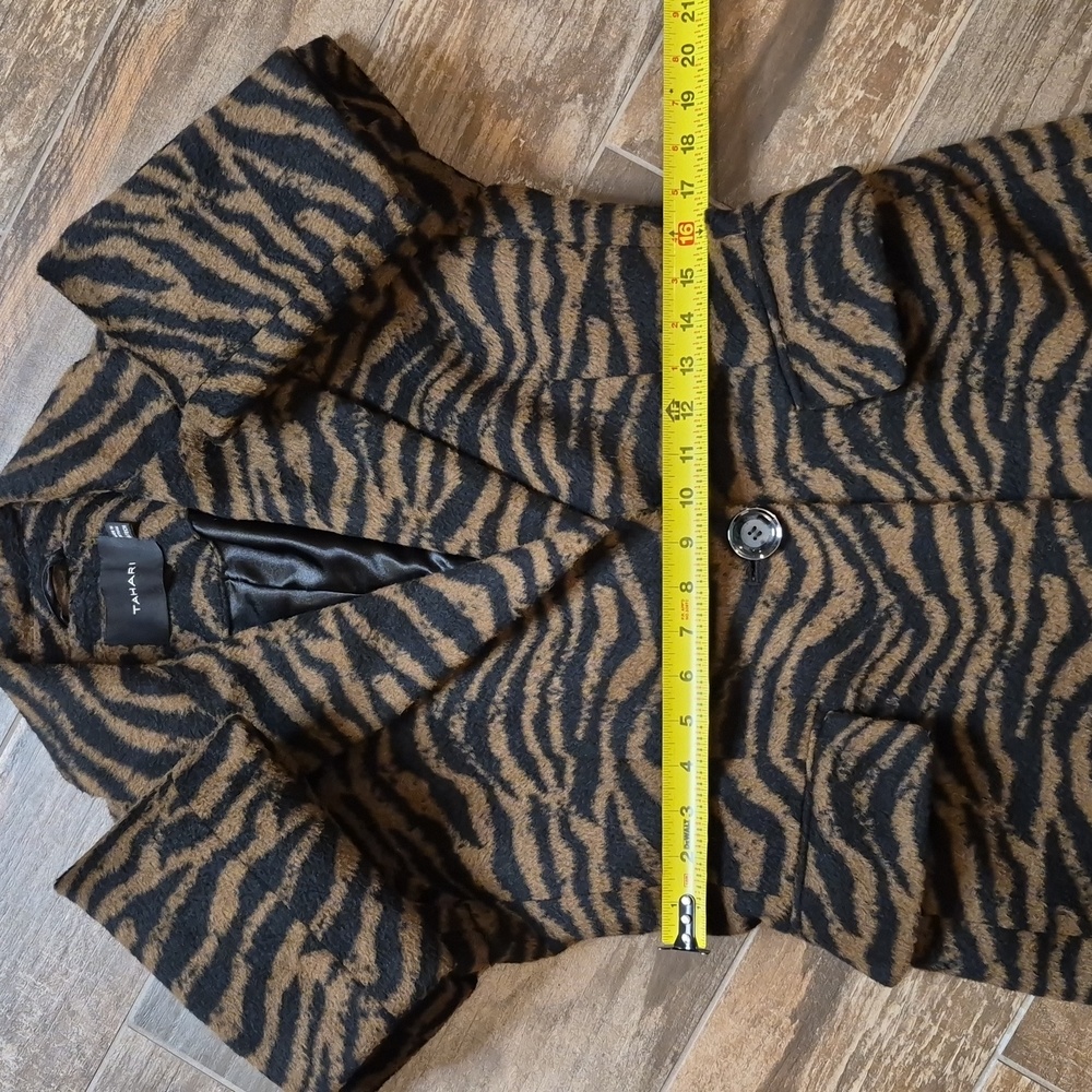 Tahari Black & Brown Wool Blend Lined 1 Button Zebra Print Midi Coat Pockets XS - Picture 5 of 9